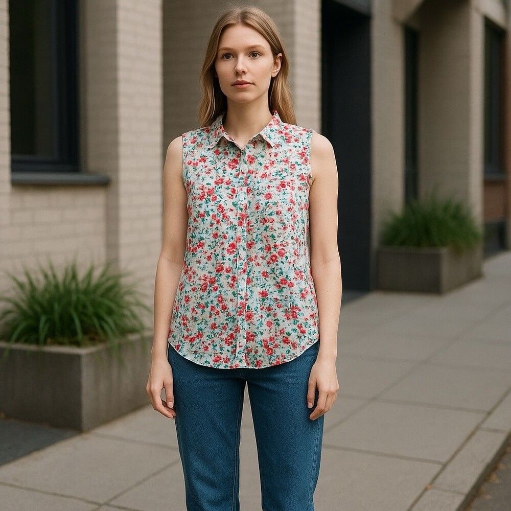 Liz Claiborne Petite Floral Silky Print Blouse Size P/L Button Up Never Worn